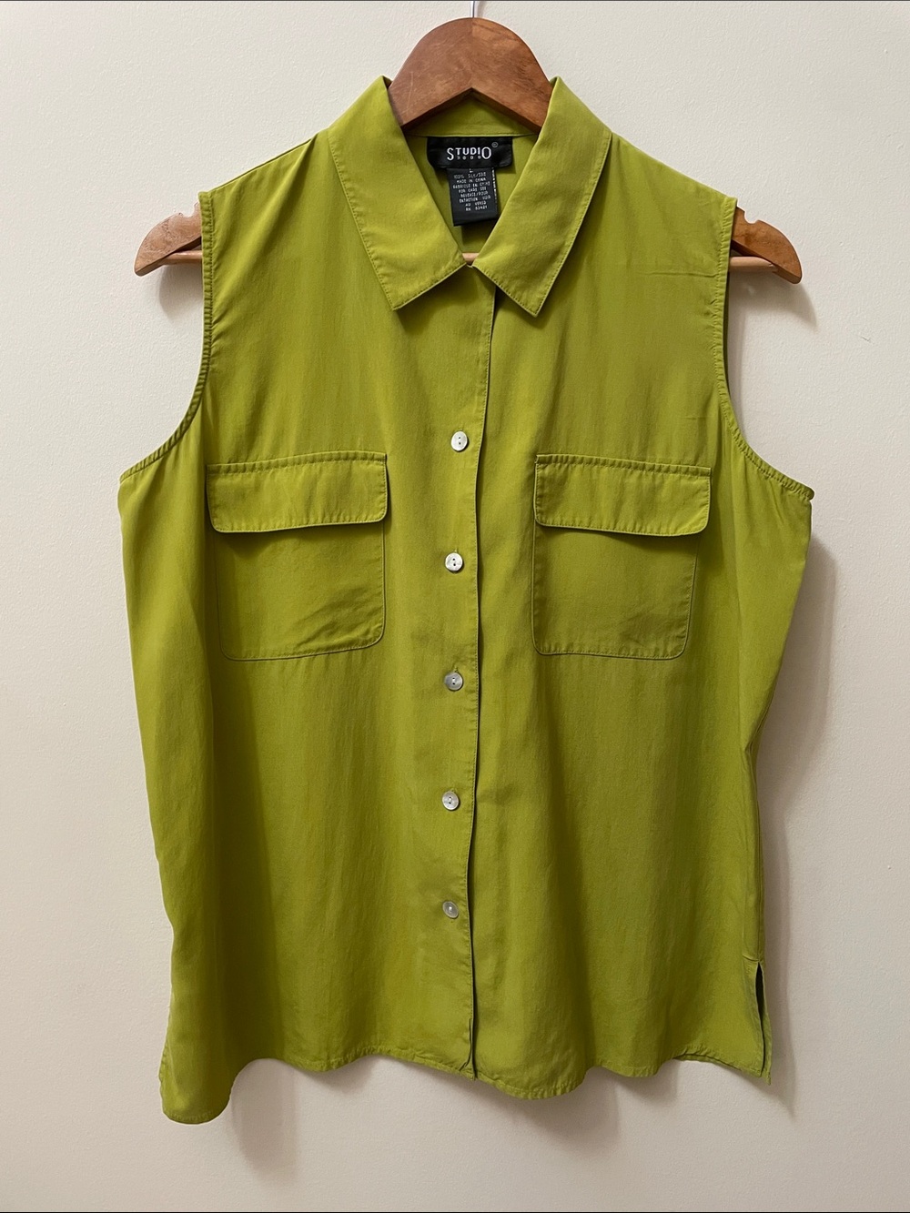 Vintage Silk Olive Sleeveless Button-Front Blouse 90s
